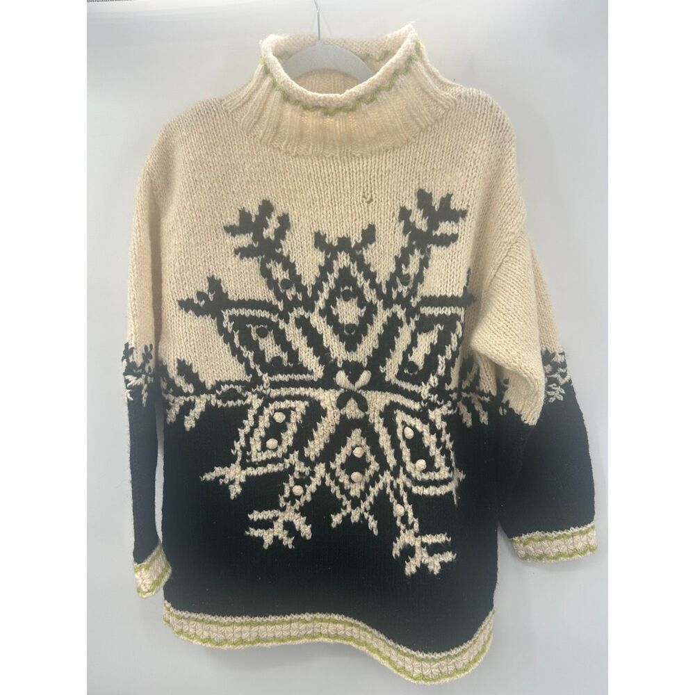 VTG Express Tricot Snowflake Sweater Chunky Knit Wool Mock Neck Black Ivory S